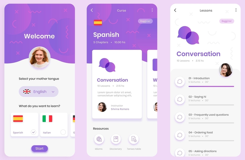 language learning app screens