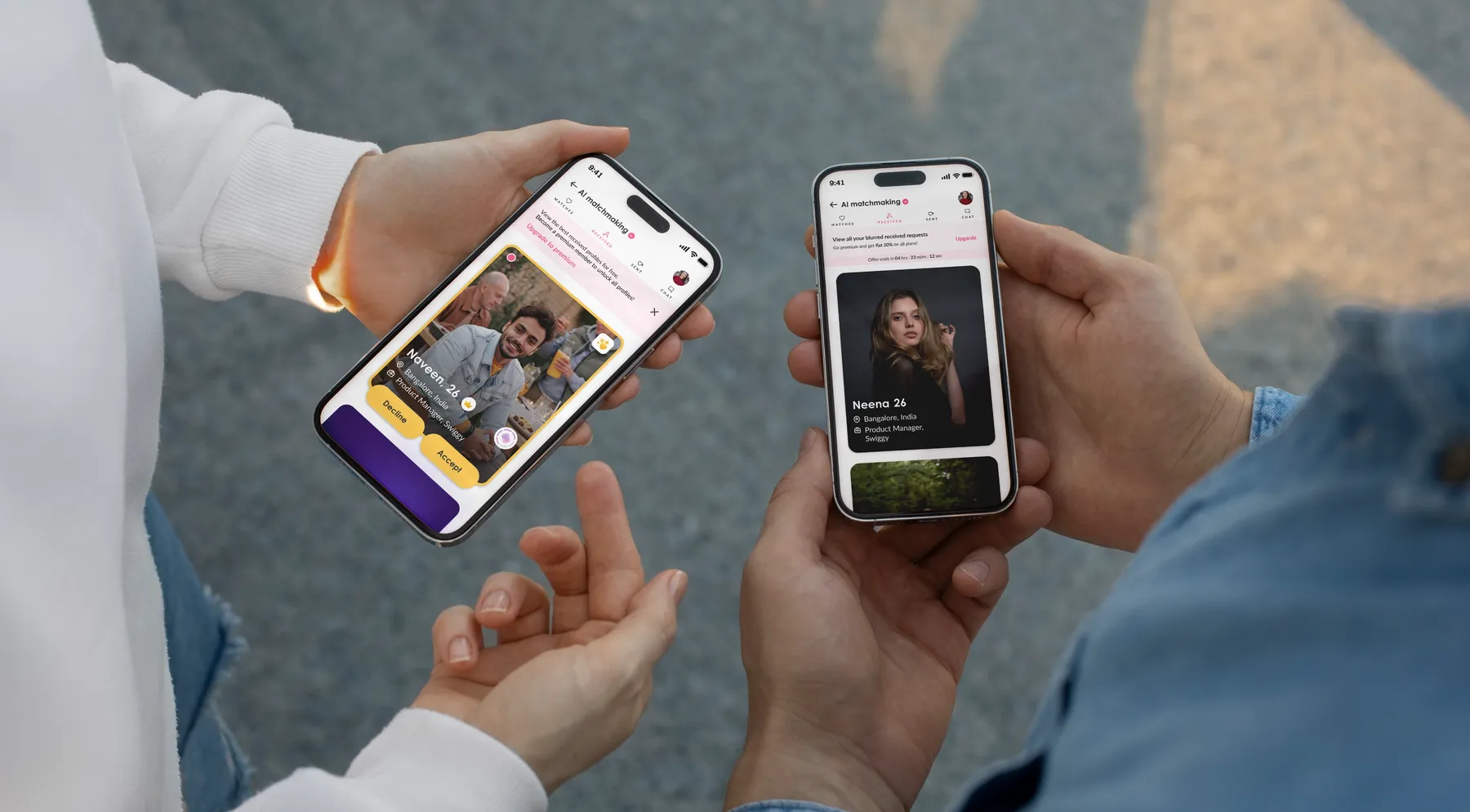 People interactively using the Betterhalf mobile application on smartphones