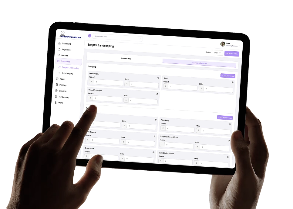 Tablet showing Tax Strategy analytics dashboard