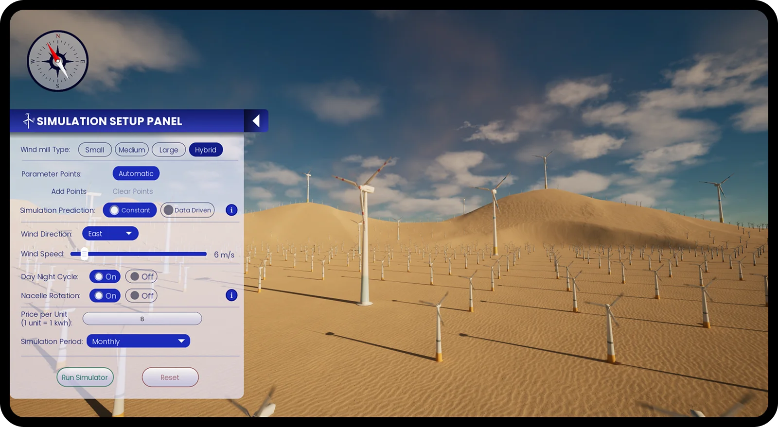 Wind farm deployment simulation over desert terrain