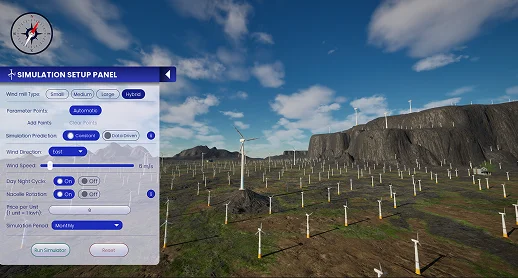 Simulation environment for mountain terrain showing uneven elevations