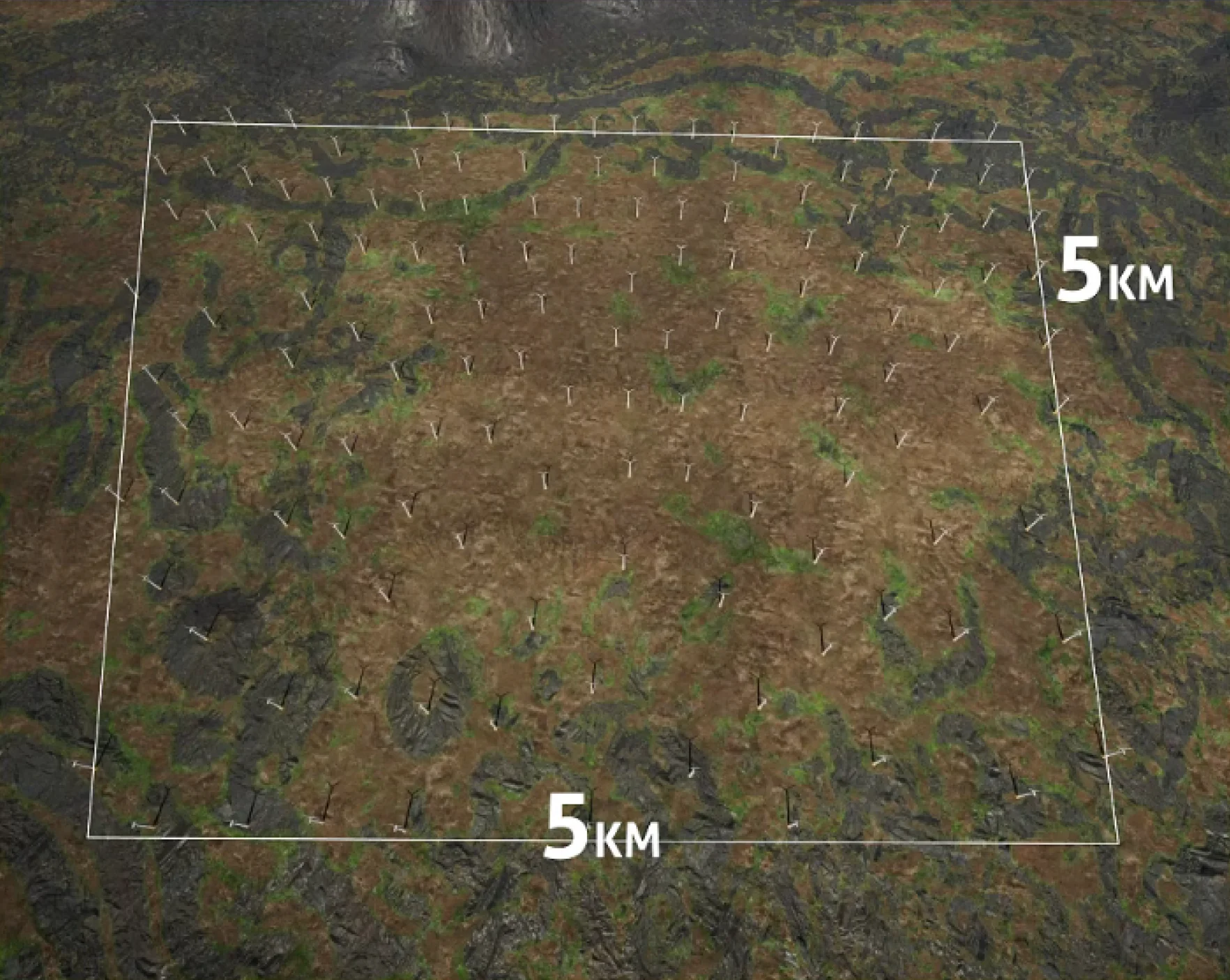 Aerial perspective of a digital twin wind turbine installation area