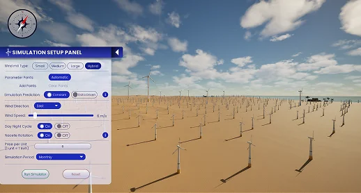 Simulation environment for seashore terrain with flat land and consistent winds