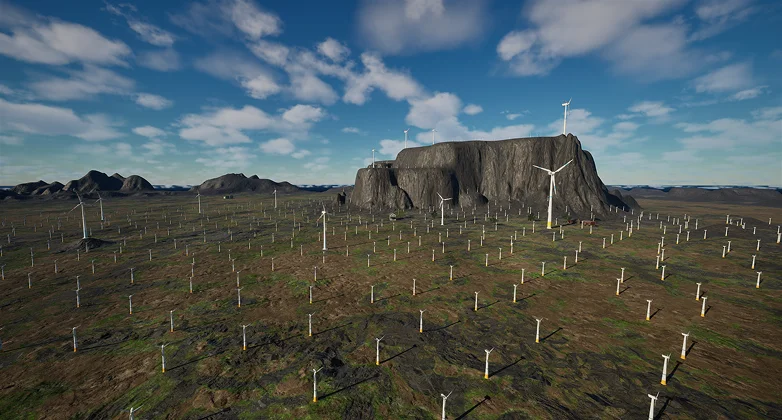 Wind farm simulation scenario 3 displaying high wind speed parameters