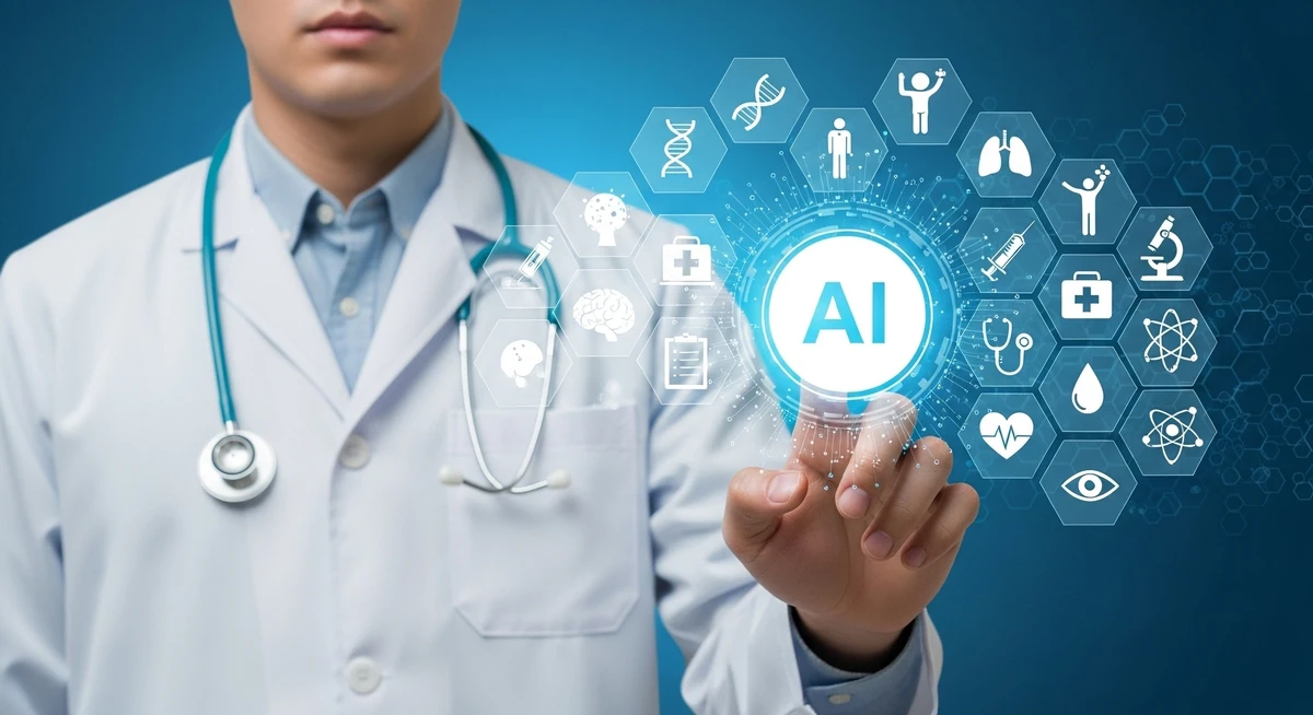 Doctor using AI in futuristic healthcare environment