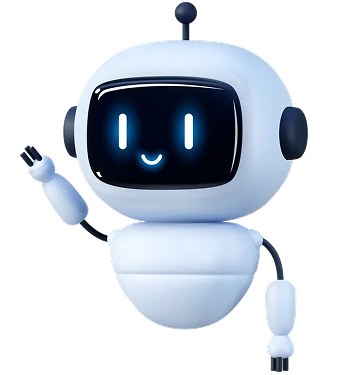 A friendly white AI robot mascot waving