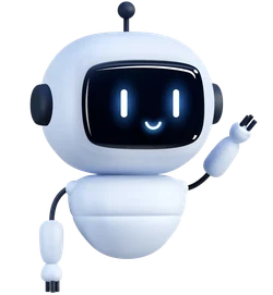 Friendly AI robot waving beside app interface elements