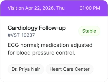 Cardiology follow-up visit card with doctor and clinic details