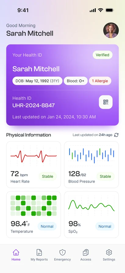 Healthcare mobile app home screen with digital health ID and vitals