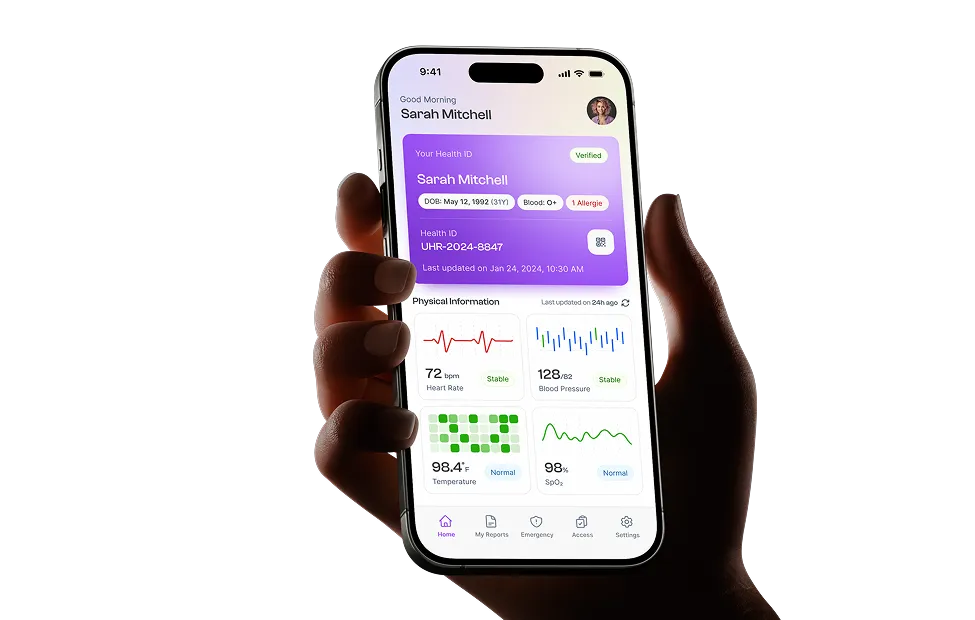 Hand holding a smartphone showing a healthcare mobile app with a digital health ID and vitals