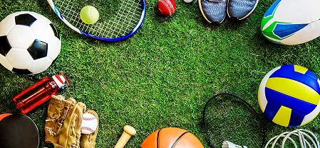 Sports balls and equipment on green turf
