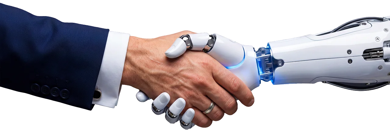 Human hand shaking hands with an AI robot hand