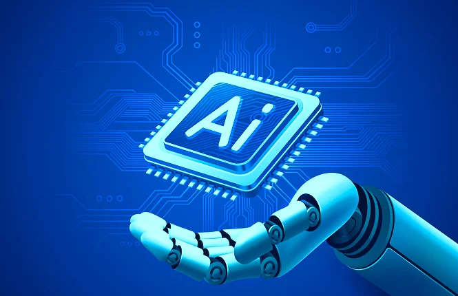 An AI chip held by a robotic hand