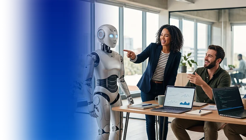 Humanoid robot beside a team pointing at a laptop dashboard in a bright office