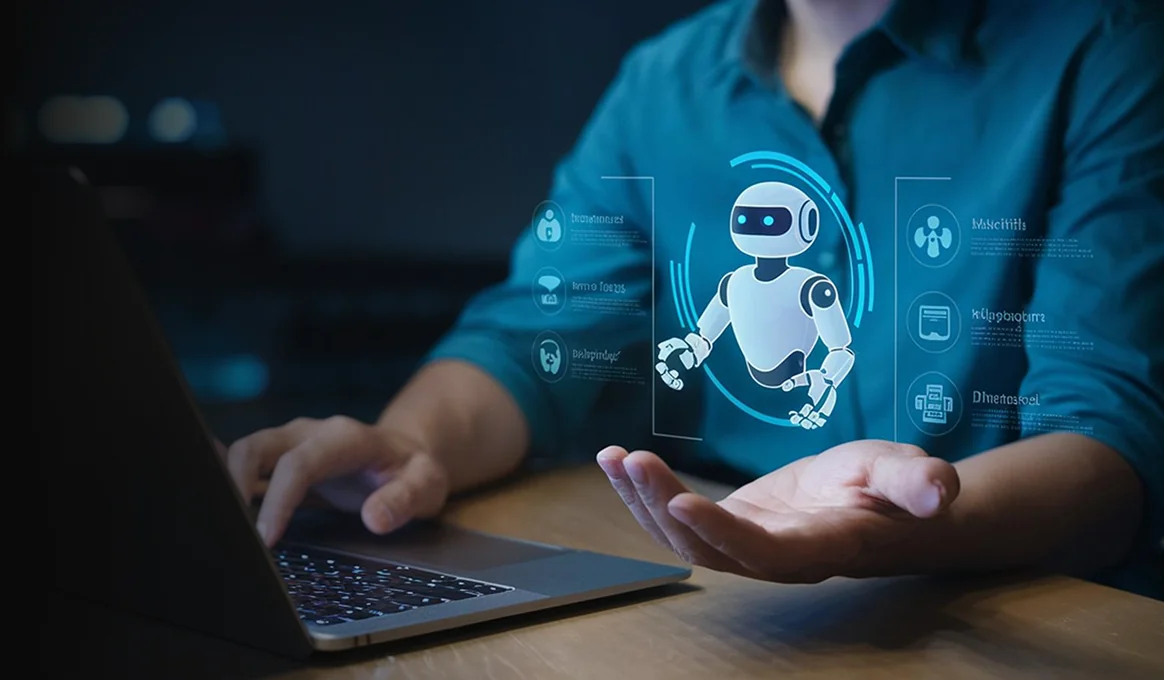 Professional using a laptop with a holographic AI copilot assistant above their hand