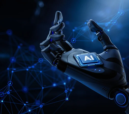 Dark robotic hand holding a glowing AI chip against a blue network of connected nodes