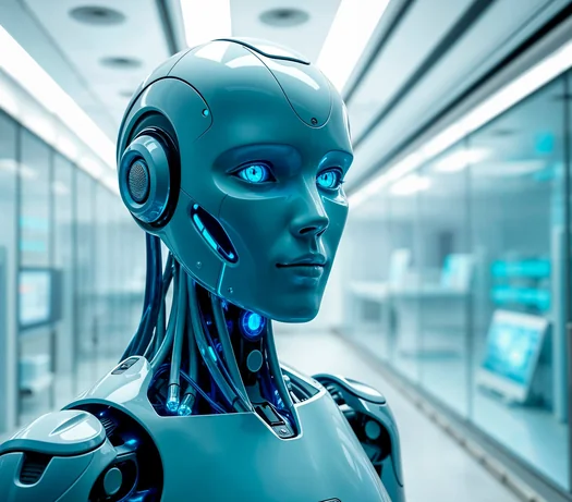 Humanoid AI robot with glowing blue eyes standing in a modern glass-walled laboratory