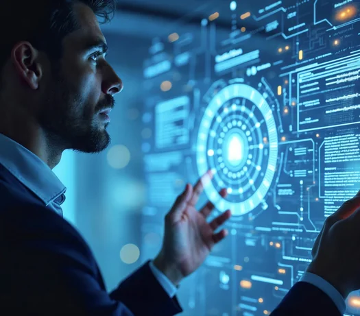 Business professional reaching toward a glowing holographic AI governance interface