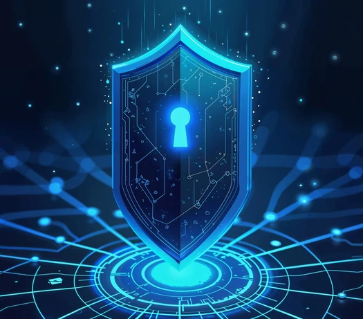 Glowing blue digital shield with a keyhole above concentric circuit rings