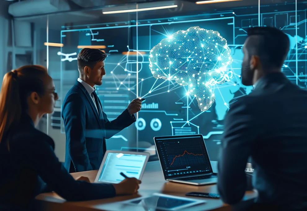 Business team in a meeting room reviewing a glowing AI brain graphic and analytics on laptops