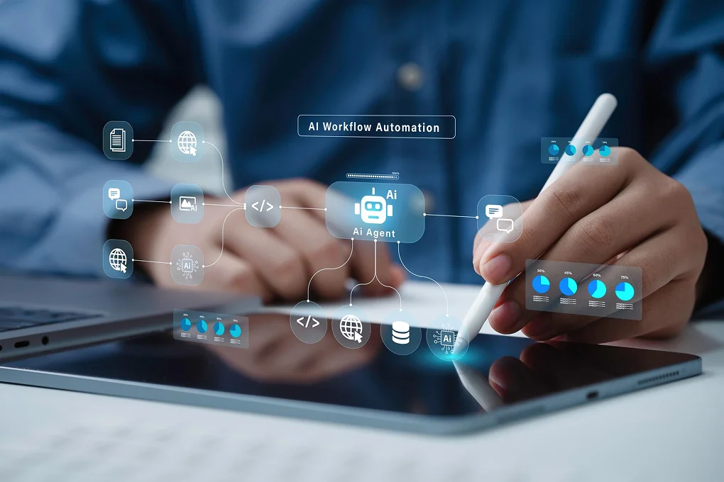 Hand using a stylus on a tablet with an AI agent workflow diagram connecting documents, code, and data