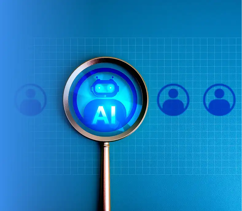 Business professional interacting with holographic AI interface
