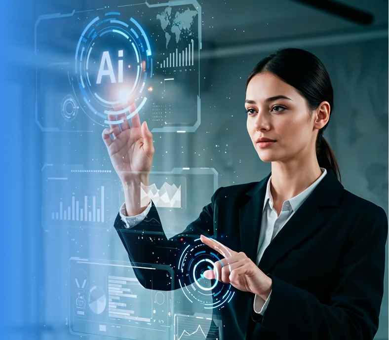 Business professional interacting with holographic AI interface