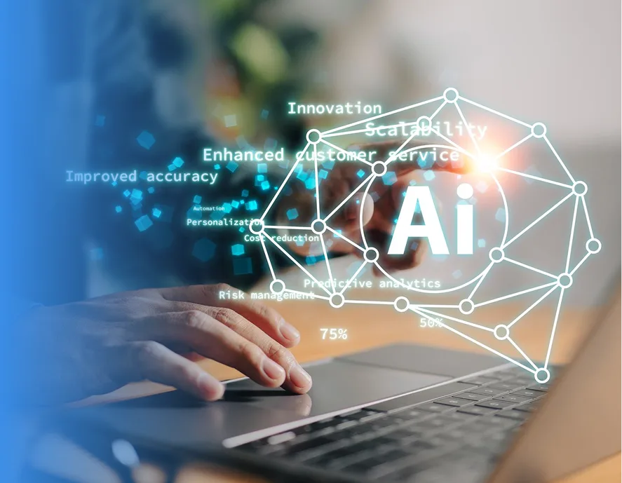 Person working on laptop with AI network visualization