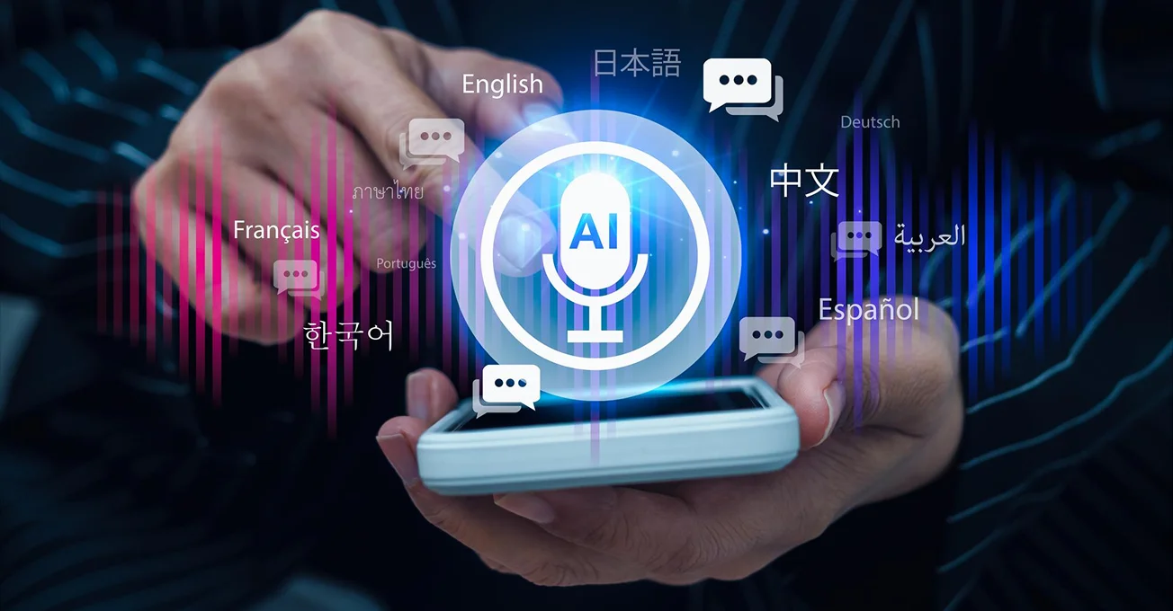 Hand holding a phone with a glowing AI microphone icon surrounded by greetings in several languages