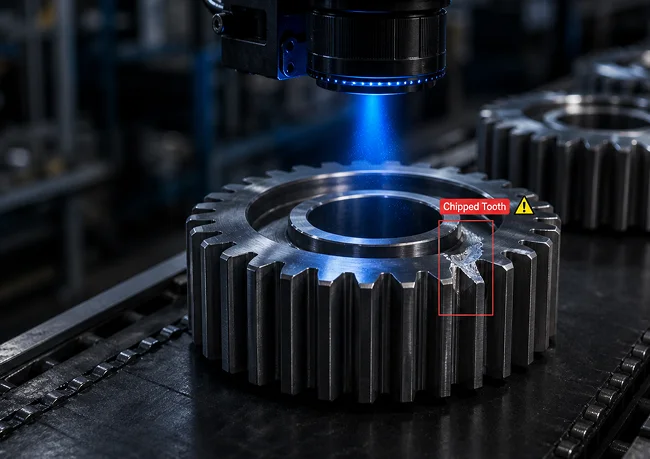 Industrial AI vision inspection system detecting a defect on a metal gear