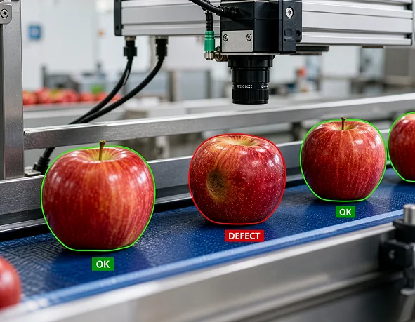Computer vision camera inspecting apples on a conveyor belt and flagging a defective apple