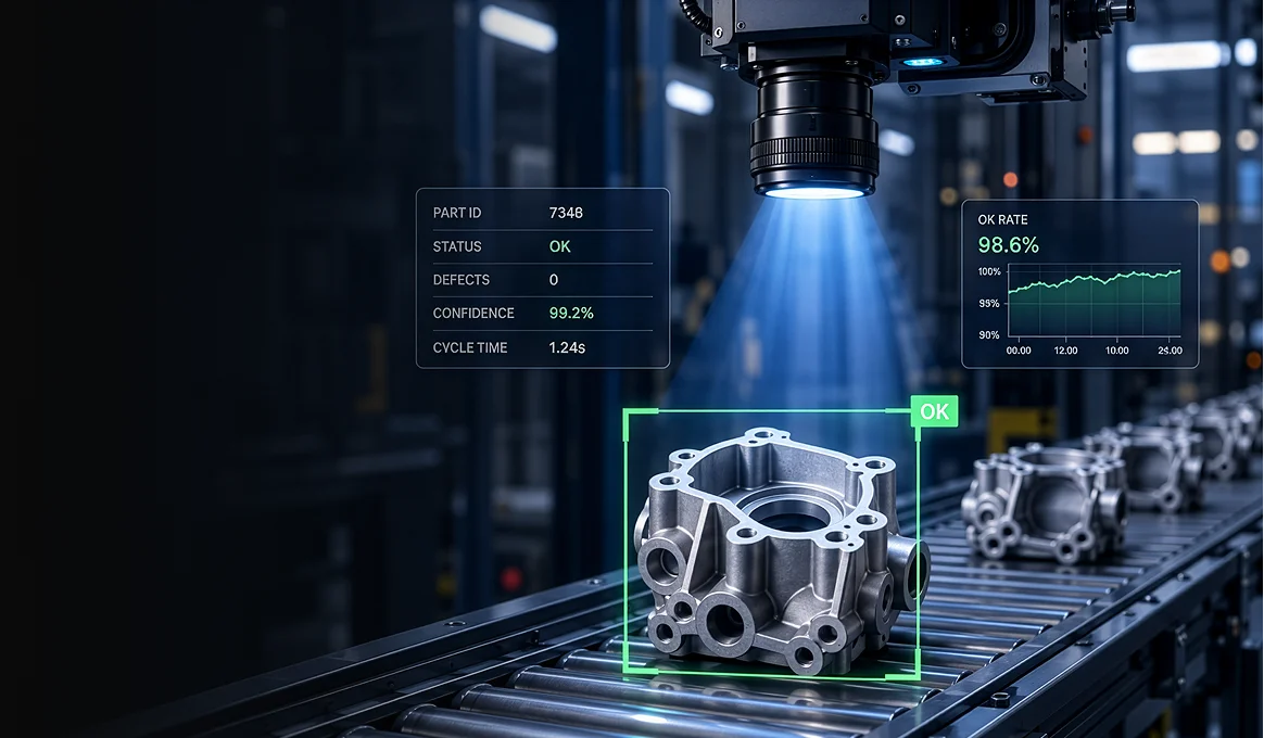Computer vision object detection checking a machined part on a conveyor belt