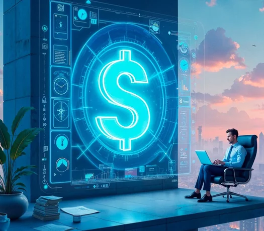 Professional working on a laptop in front of a glowing dollar sign dashboard