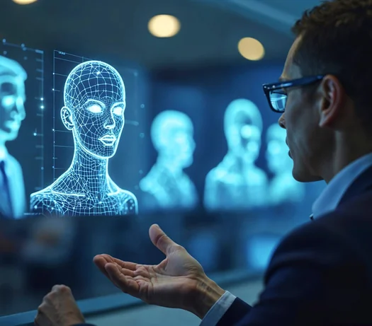 Business professional gesturing toward glowing holographic figures representing machine learning roles