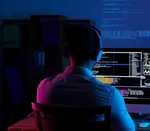 Machine learning engineer with headphones working at a desk with code on the monitors