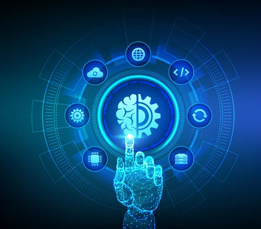 Glowing digital hand touching an AI brain icon surrounded by cloud, code and settings symbols