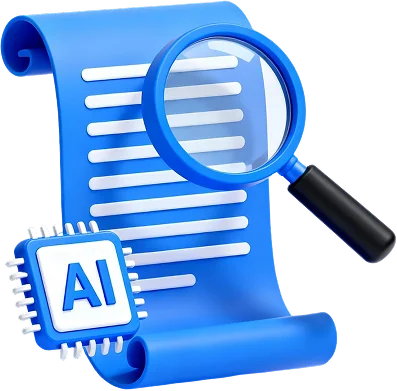 Isometric illustration of a document scroll being reviewed with a magnifying glass and an AI chip