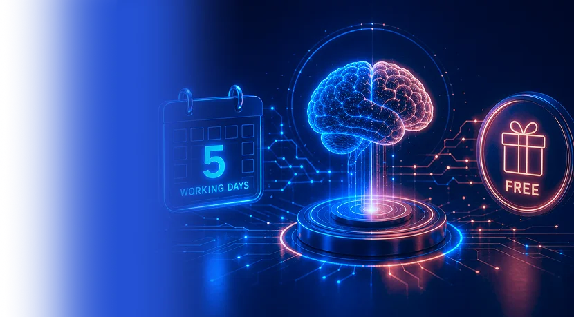 Glowing AI brain above a platform beside a 5 working days calendar and a free gift badge