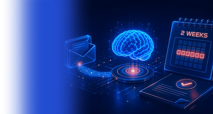 Glowing AI brain linked to an envelope and a two-week calendar on a circuit board