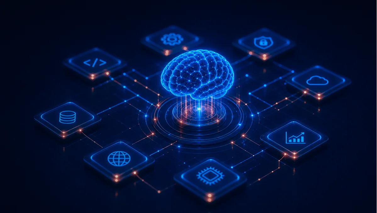 Glowing AI brain on a circuit platform surrounded by icons for code, data, security, cloud, and analytics