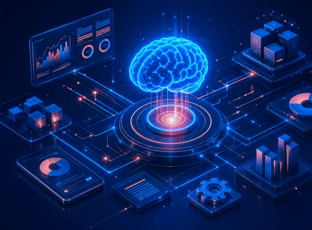 Glowing AI brain above a circuit platform surrounded by data dashboards, charts and a gear icon