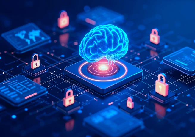 Glowing AI brain on a circuit board surrounded by padlock icons and secure data panels