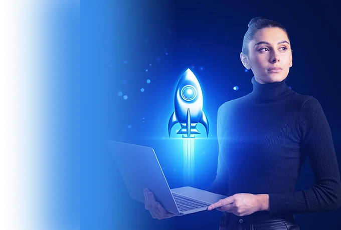Woman holding a laptop beside a glowing rocket launching from the screen