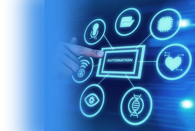 Hand touching an automation hub connected to icons for voice, cloud, chip, health, and data
