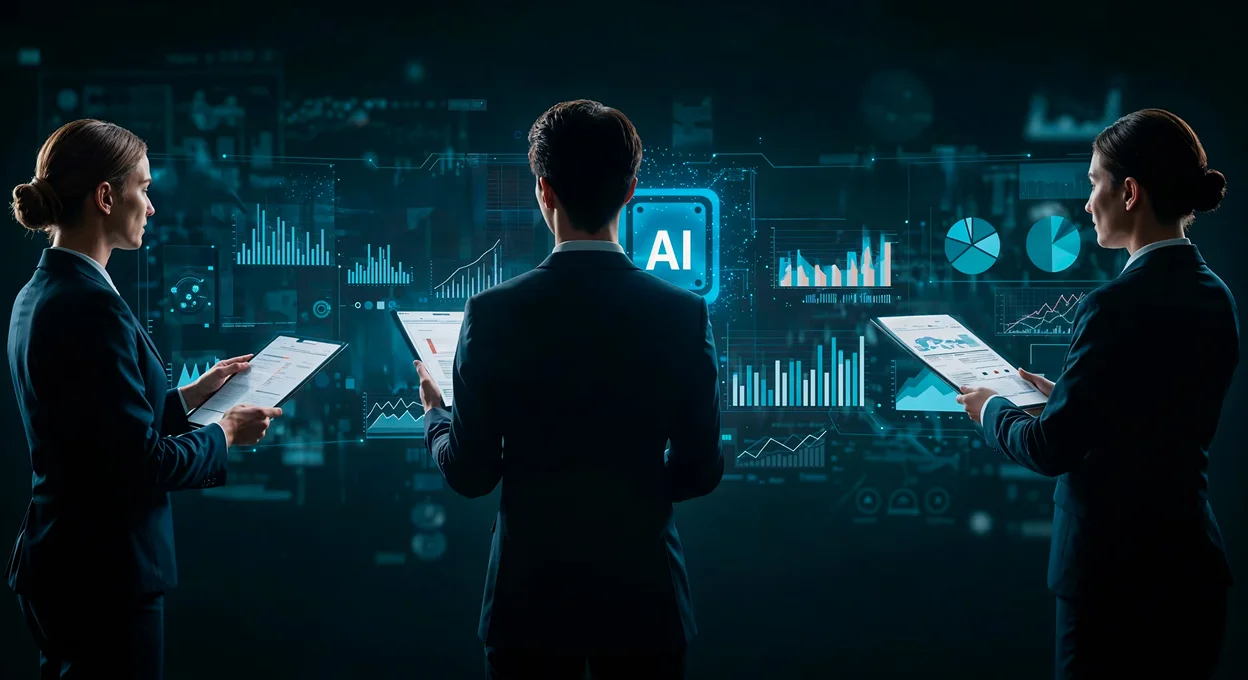 Two professionals reviewing AI analytics charts and dashboards on tablets