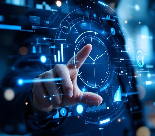 Hand touching a glowing digital clock surrounded by data charts and dashboards