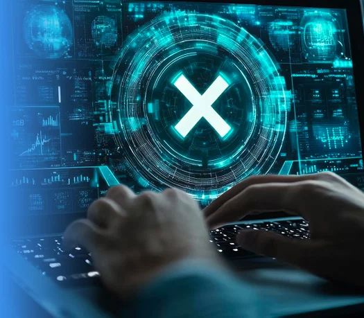 Hands typing on a laptop whose screen shows a glowing error cross over a data dashboard