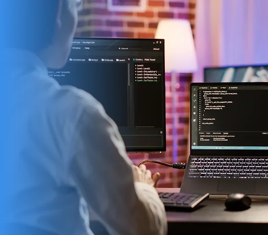 A developer seen from behind working on a laptop and a second monitor full of code