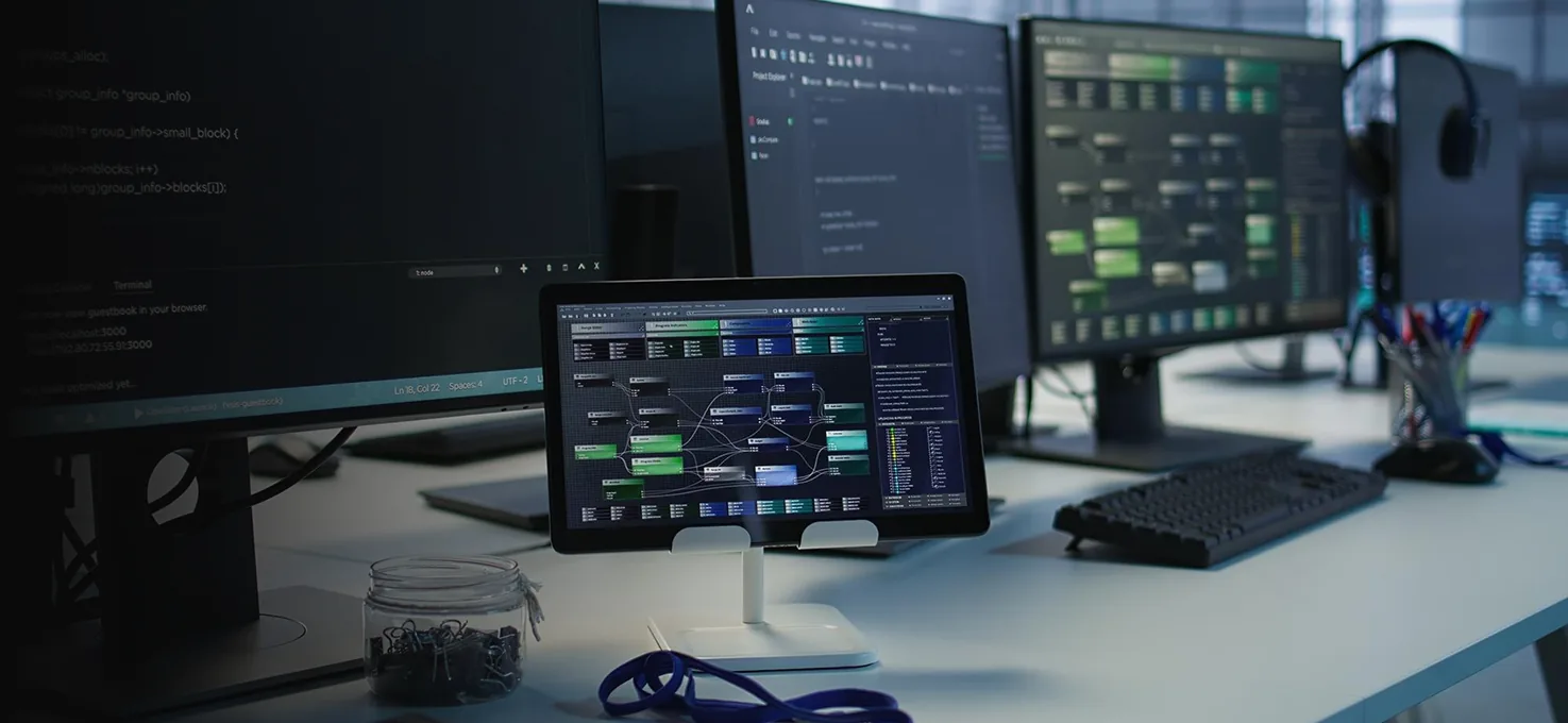 Engineers' workstation with monitors and a tablet showing a RAG retrieval pipeline workflow