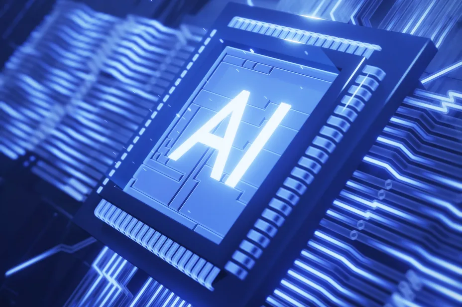 Glowing AI chip mounted on a circuit board